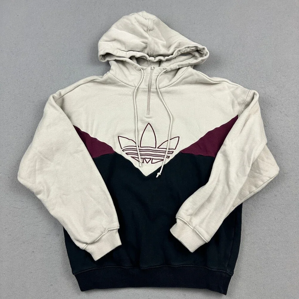 Adidas Hoodie Women XS Beige Colorado Blue 1/4 Pullover Sweatshirt Trefoil